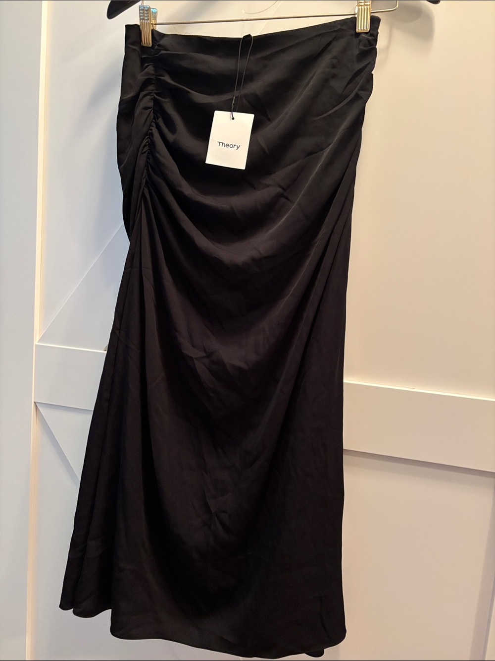 Theory Black Satin Ruched Maxi Dress